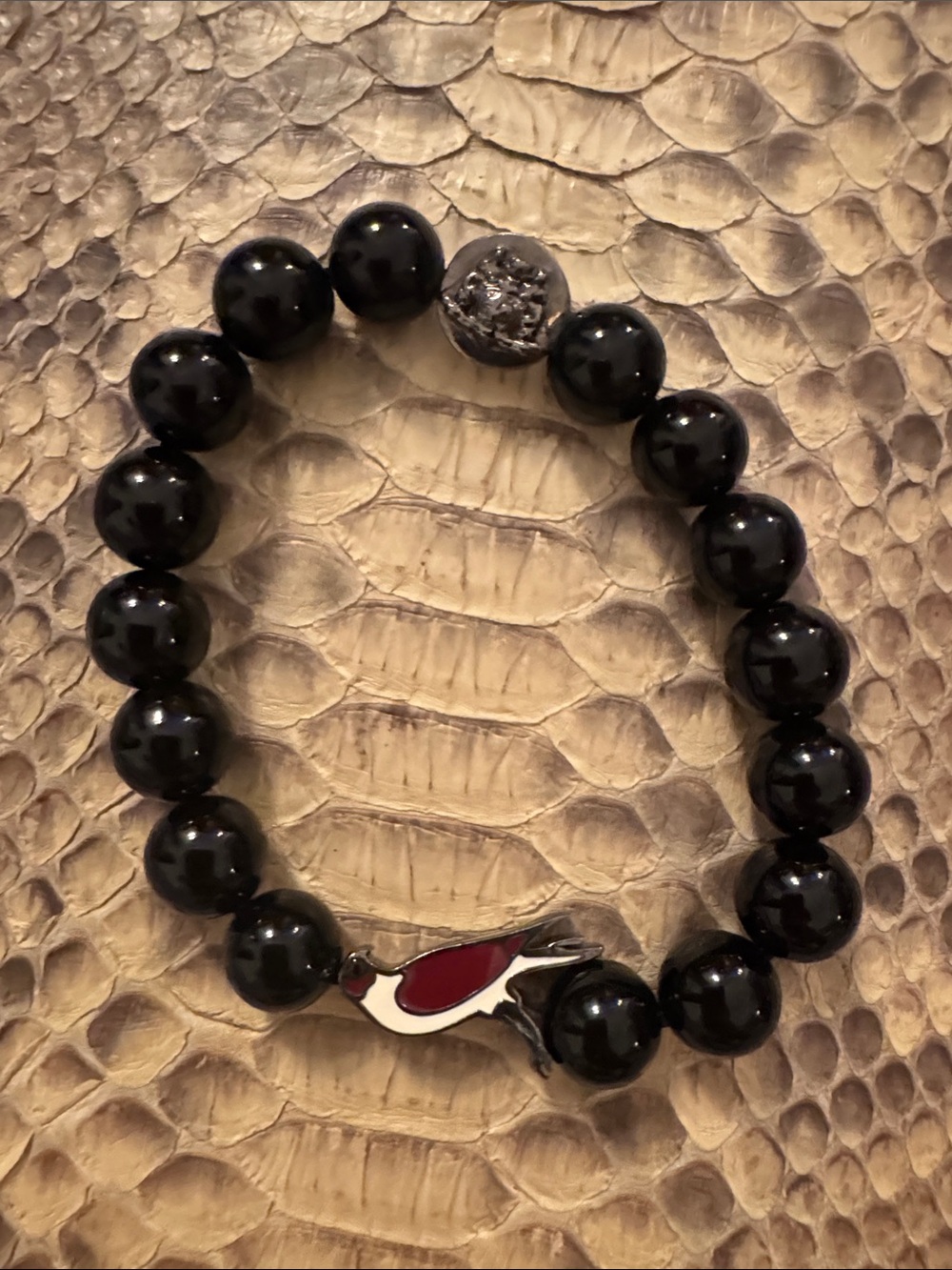 Black Beaded Stretch Bracelet with Red Bird Accent